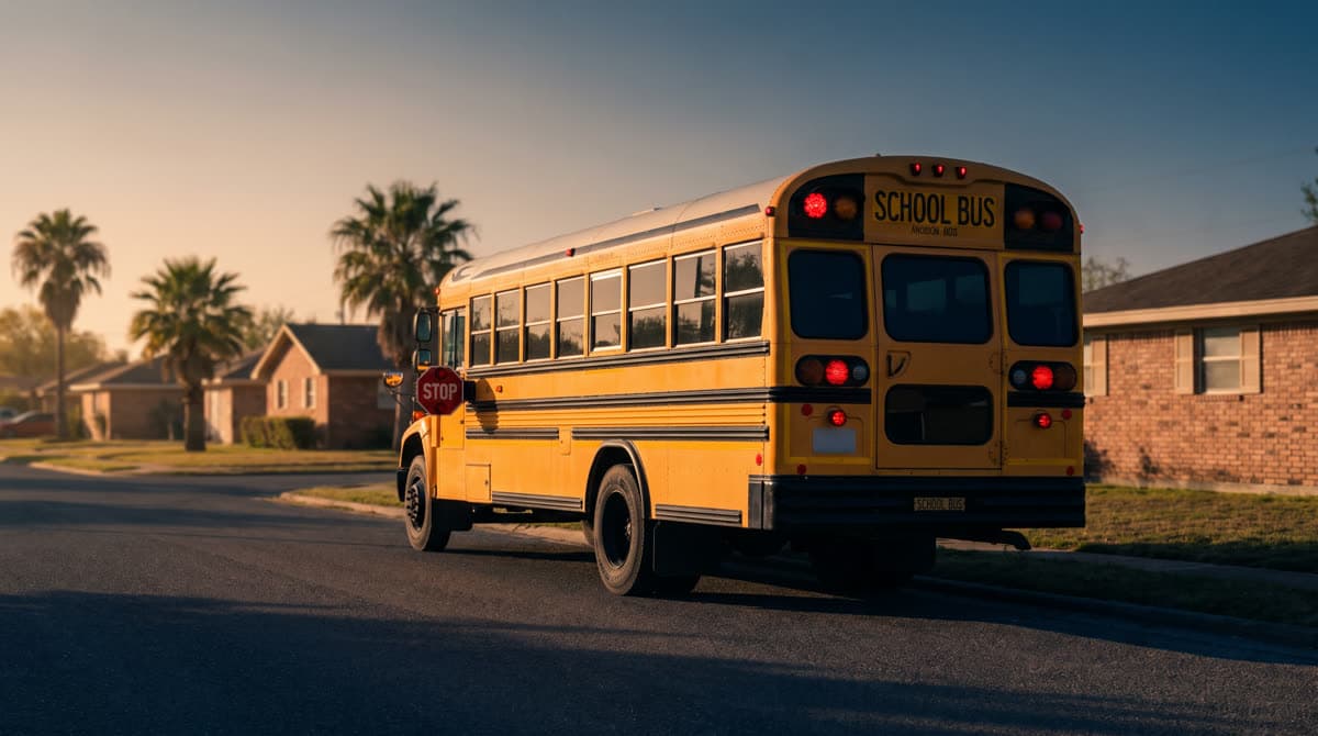Autobús escolar amarillo detenido en una calle de Texas con las luces de alto encendidas / Yellow school bus stopped on a Texas street with stop lights on