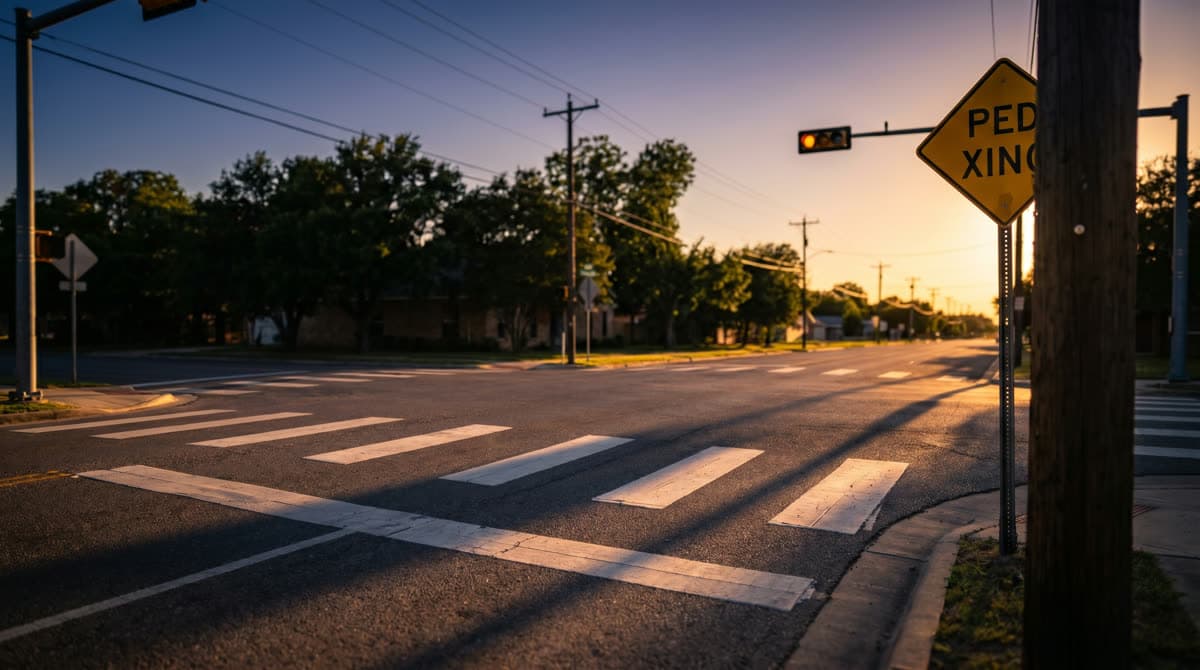 Cruce peatonal en una calle de Texas al atardecer / Pedestrian crosswalk on a Texas street at dusk