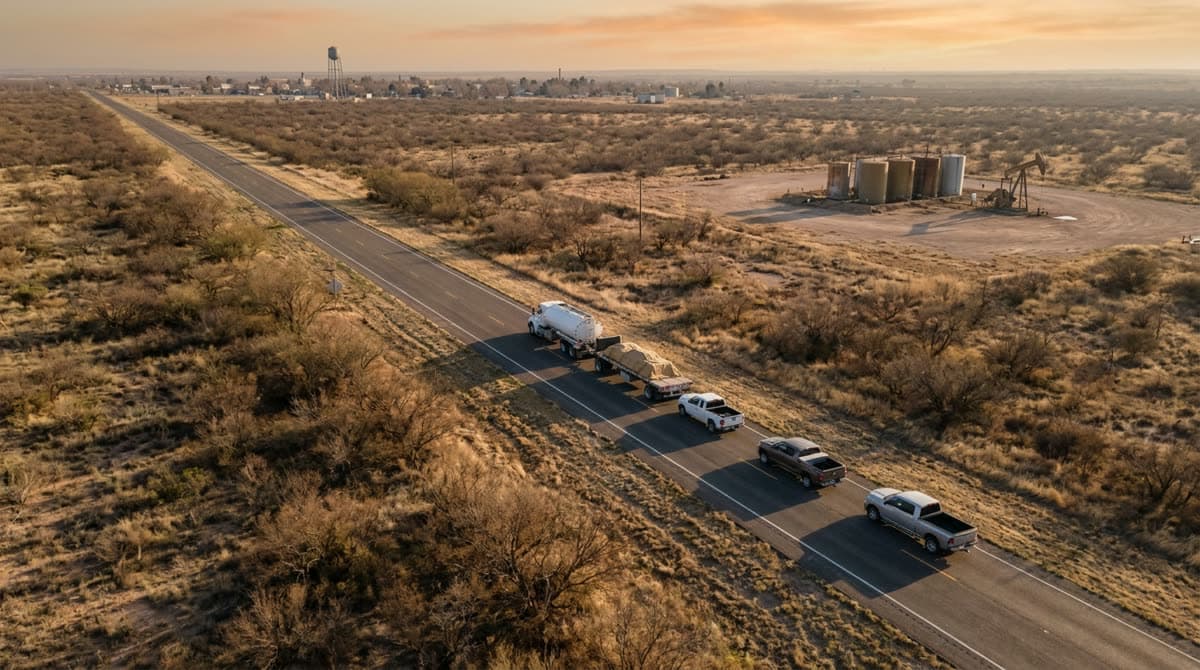 Vista aérea de una carretera de dos carriles en el sur de Texas con una pipa y un camión de arena al atardecer / Aerial view of a two-lane South Texas highway with a tanker and a sand truck at sunset