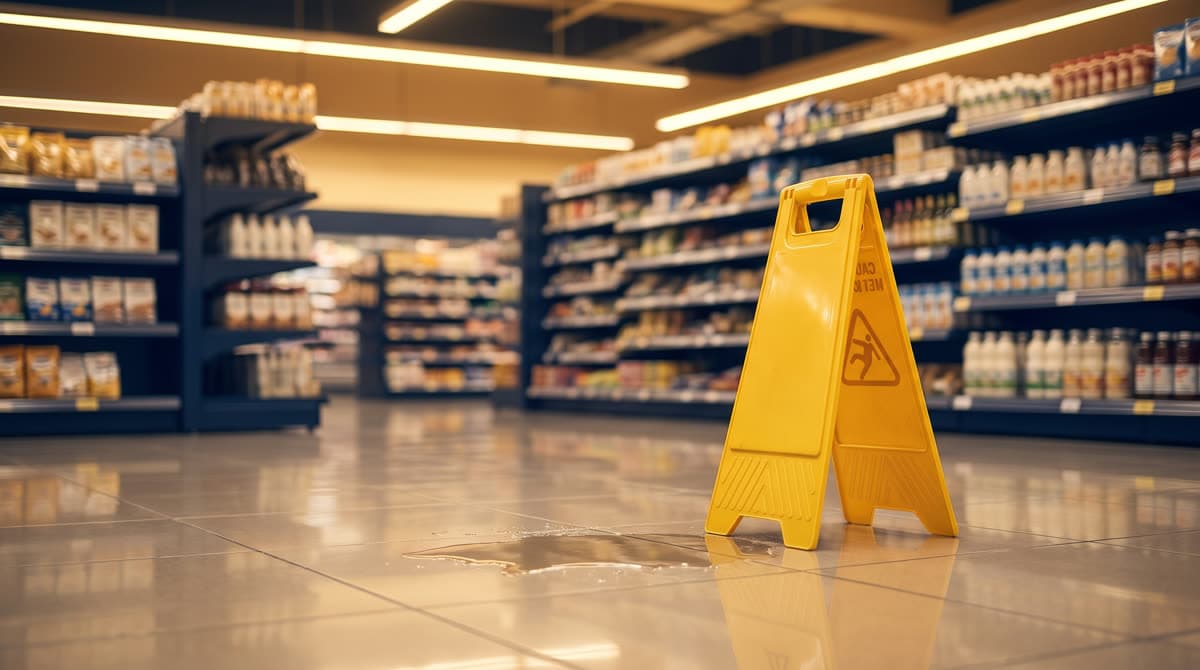 Letrero amarillo de piso mojado en el pasillo de un supermercado / Yellow wet floor sign in a supermarket aisle