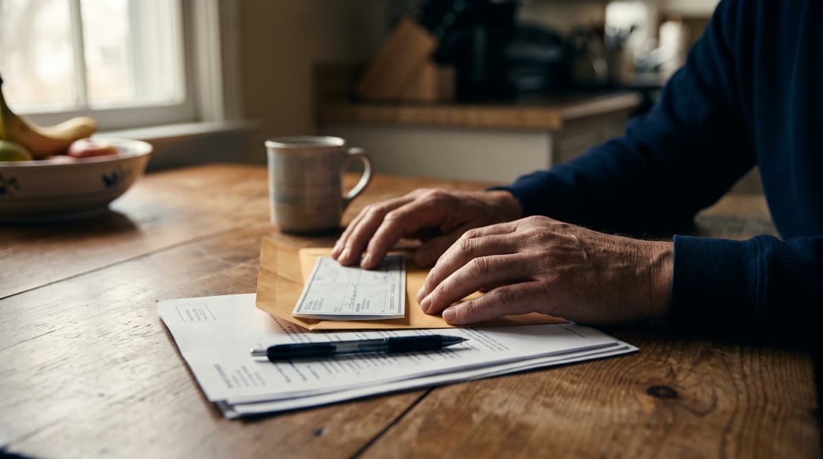 Persona revisando un cheque y documentos del seguro en una mesa / Person reviewing an insurance check and documents at a table