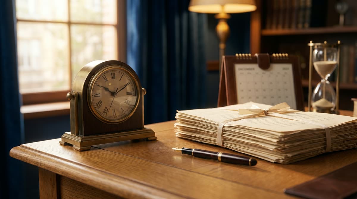 Reloj y documentos legales sobre un escritorio, representando el plazo legal en Texas / A clock and legal documents on a desk, representing the legal deadline in Texas