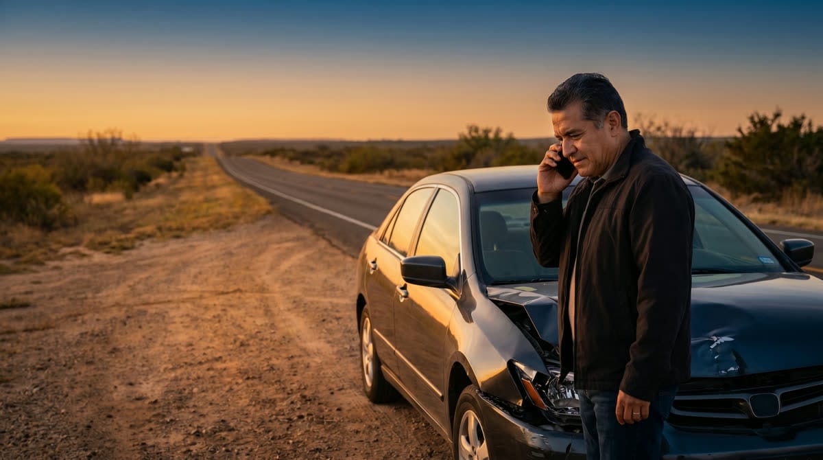 Conductor preocupado revisando los daños tras un choque en Texas / Worried driver inspecting damage after a crash in Texas