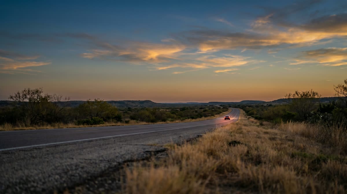 Carretera de Texas de noche con luces de un auto alejándose tras un accidente / Texas road at night with a car's lights driving away after a crash