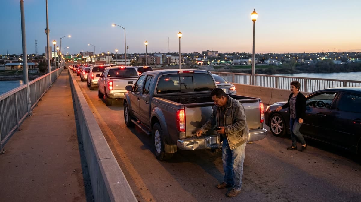 Fila de carros al atardecer en un puente internacional; un conductor revisa un golpe en la defensa de su troca / A line of cars at dusk on an international bridge; a driver checks a dent on his pickup's bumper