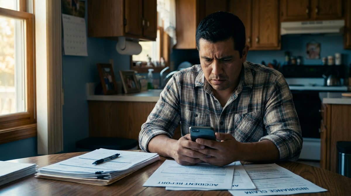Persona preocupada revisando su teléfono junto a documentos de un accidente / Worried person checking their phone next to accident paperwork