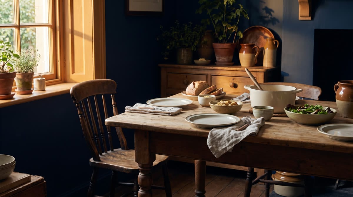 Manos de dos personas tomadas en apoyo sobre una mesa de cocina / Two people holding hands in support at a kitchen table