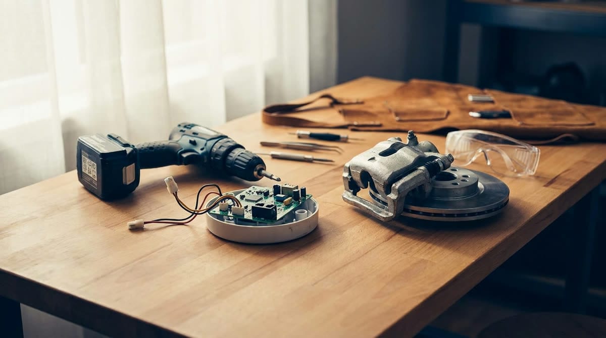 Herramientas y aparatos en una mesa de taller, representando productos que pueden fallar / Tools and devices on a workshop table, representing products that can fail