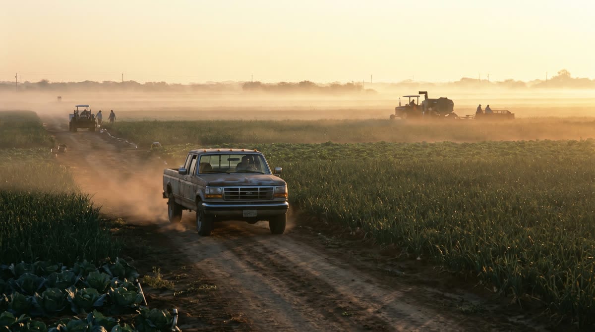US-57 highway crossing the farmland near Batesville, Texas at dawn