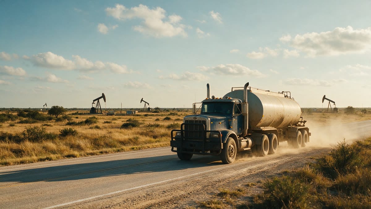 Oilfield water truck on a South Texas highway near Carrizo Springs