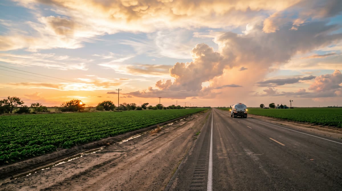 US-83 highway running through the farmland of Crystal City, Texas with oilfield truck traffic