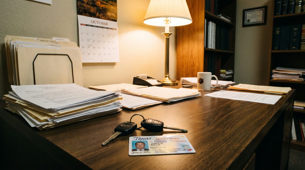 Llaves de carro y una licencia de conducir de Texas sobre un escritorio de abogado, junto a un calendario y expedientes / Car keys and a Texas driver license on a lawyer desk beside a calendar and case files