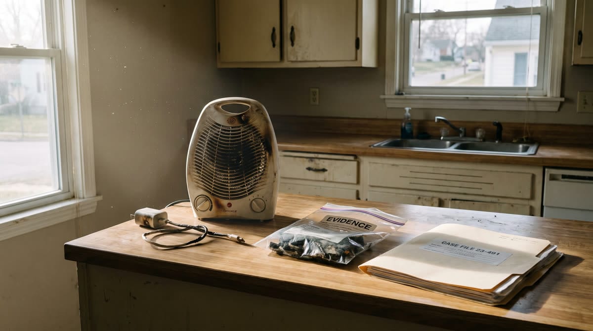 Calentador eléctrico dañado y cable derretido sobre una barra de cocina, junto a una bolsa de evidencia y un expediente / Damaged space heater and melted cord on a kitchen counter next to an evidence bag and a case file