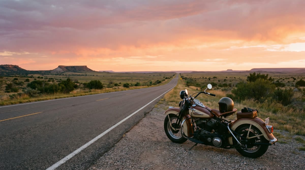 Motocicleta estacionada al lado de una carretera de Texas al atardecer / A motorcycle parked beside a Texas highway at sunset
