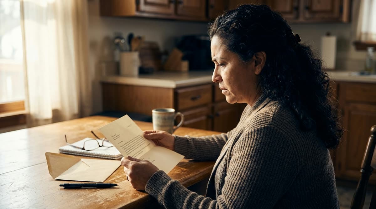 Persona leyendo una carta de negación del seguro en la mesa de su casa / Person reading an insurance denial letter at their kitchen table