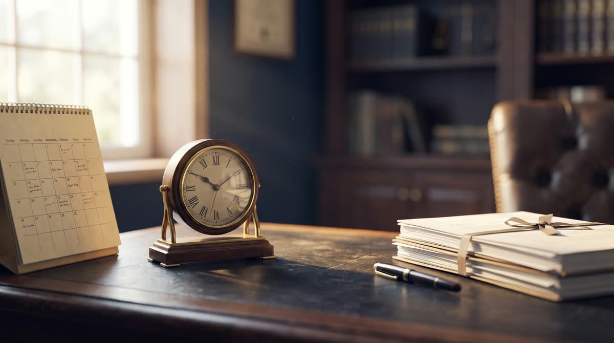 Calendario y reloj sobre un escritorio junto a documentos de un caso / Calendar and clock on a desk next to case documents
