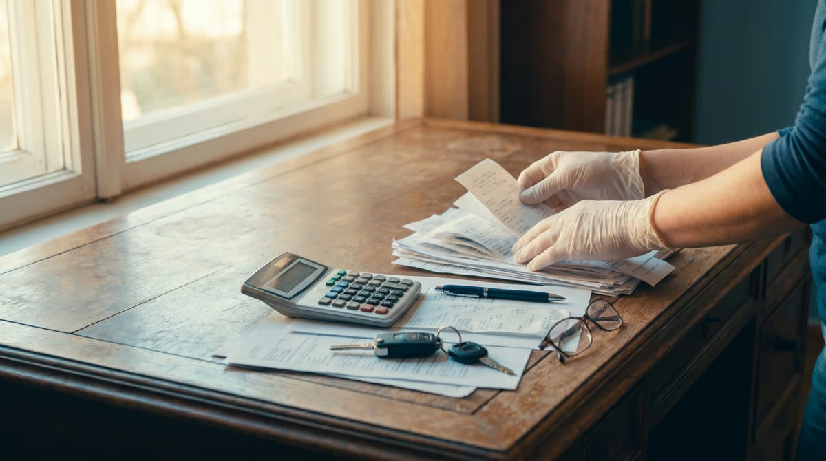 Persona revisando documentos médicos y legales tras un accidente / Person reviewing medical and legal documents after an accident