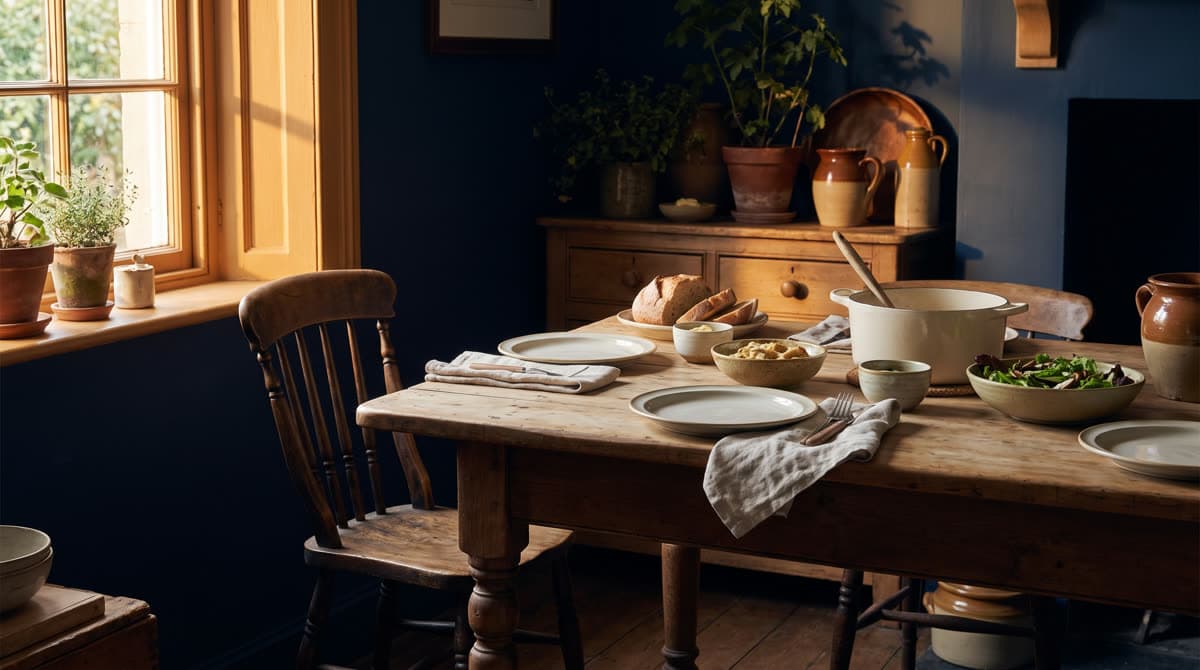 Manos de dos personas tomadas en apoyo sobre una mesa de cocina / Two people holding hands in support at a kitchen table