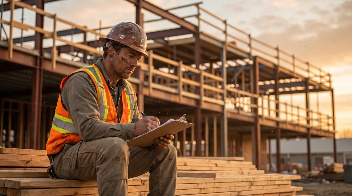 Trabajador de construcción revisando documentos en una obra en Texas / Construction worker reviewing paperwork at a Texas job site