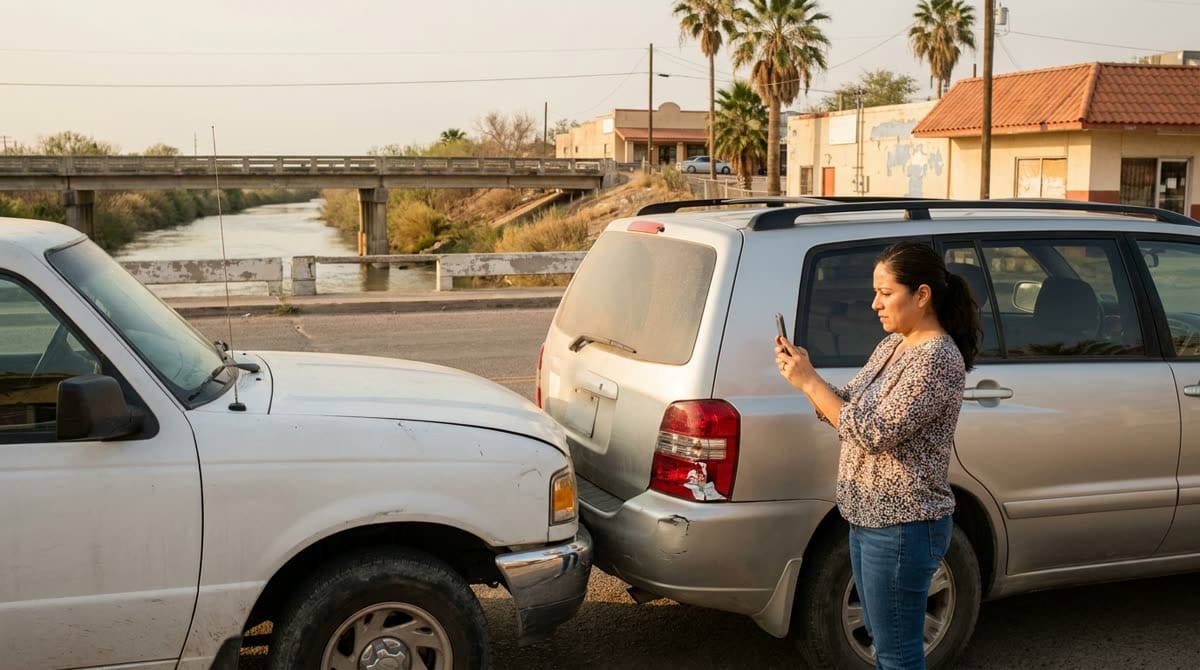 Mujer fotografía el daño de su camioneta después de un choque leve en una calle de un pueblo fronterizo de Texas / A woman photographs the damage to her SUV after a minor crash on a Texas border town street