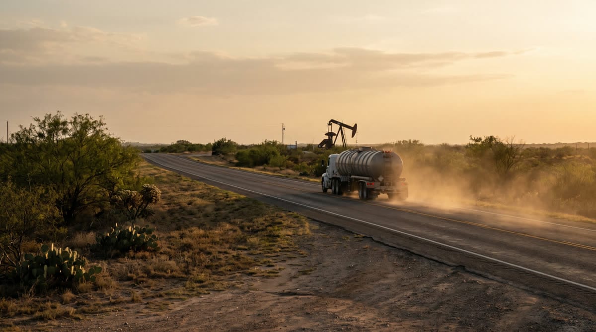 US-83 highway through the brush country near Asherton, Texas with oilfield truck traffic