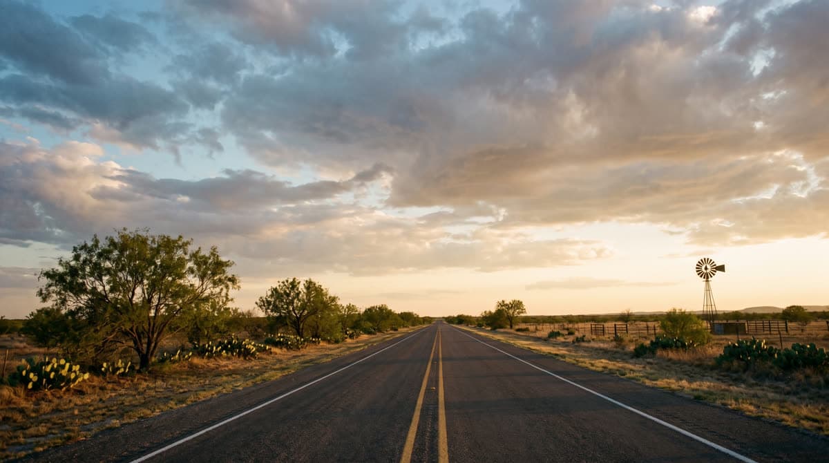 US-90 highway crossing the open ranch country near Brackettville, Texas