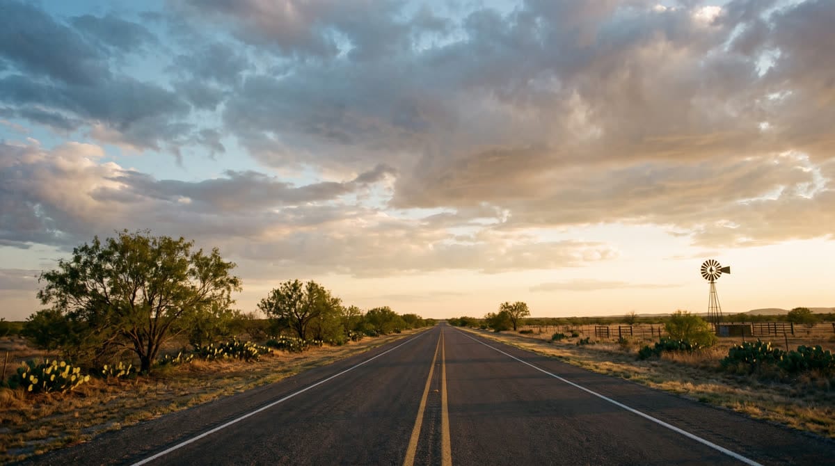 US-90 highway crossing the open ranch country near Brackettville, Texas