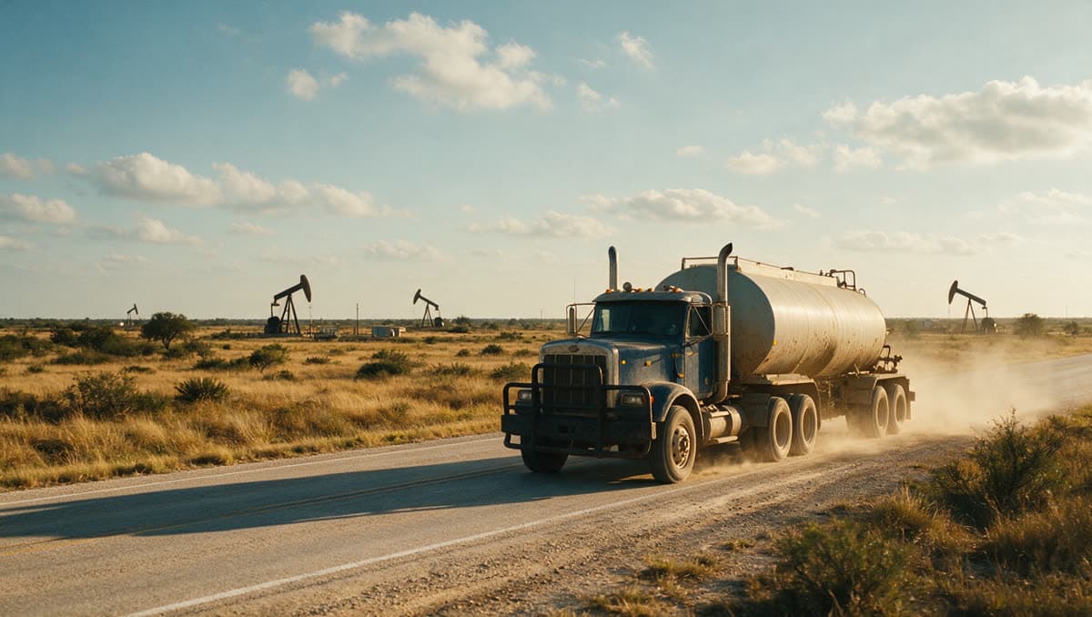 Oilfield water truck on a South Texas highway near Carrizo Springs