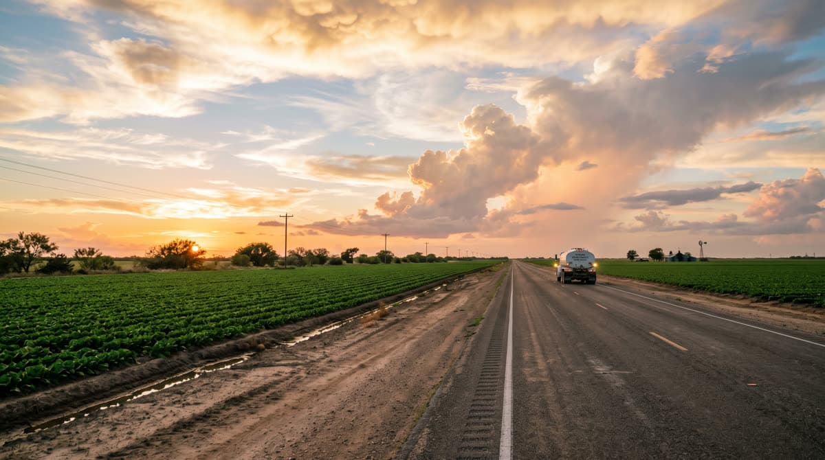 US-83 highway running through the farmland of Crystal City, Texas with oilfield truck traffic