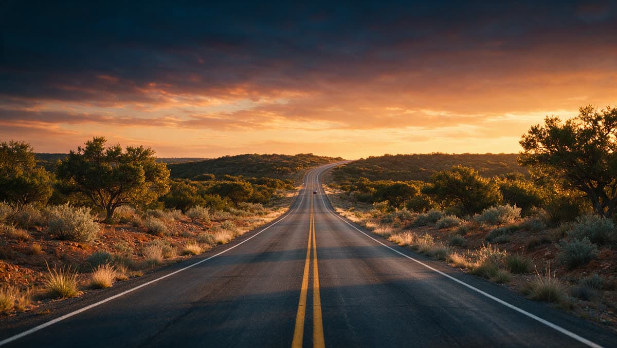 Two-lane highway heading out of Del Rio, Texas through open country