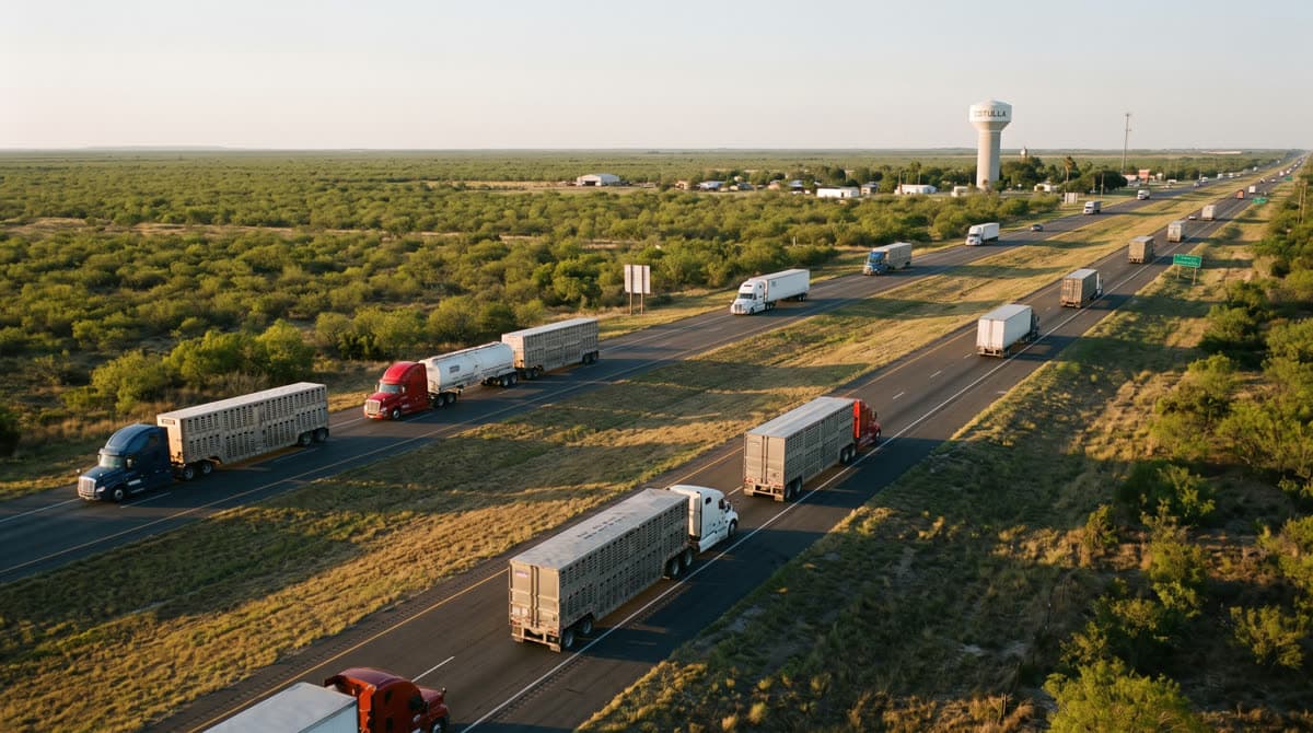 Interstate 35 passing through Dilley, Texas with heavy truck traffic