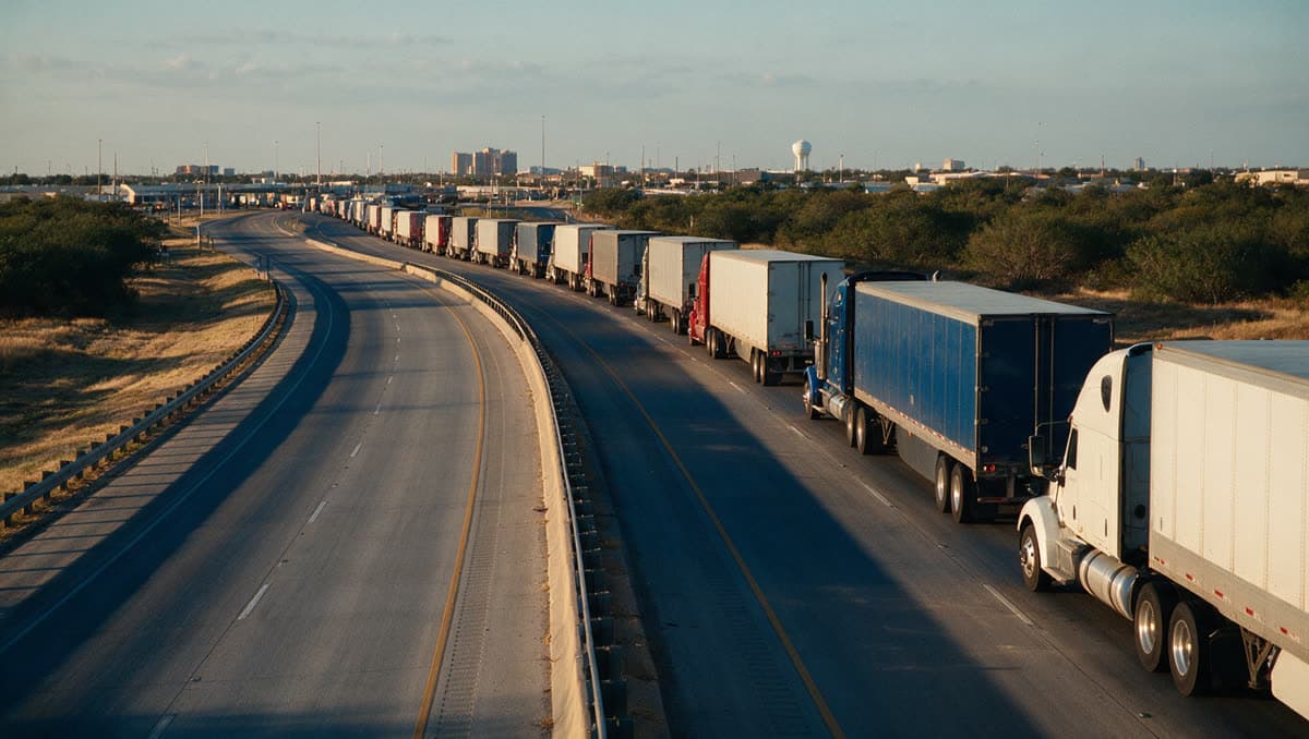 18-wheelers on the highway approaching Eagle Pass, Texas at sunset