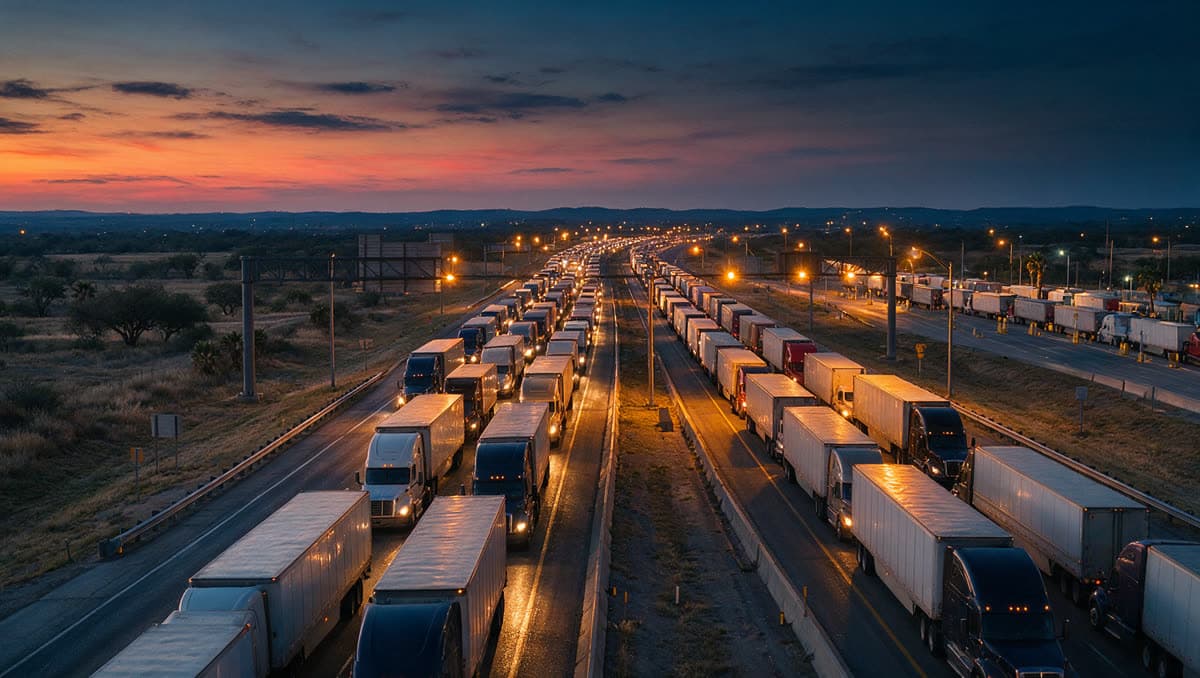 Line of 18-wheelers crossing into Laredo, Texas at the commercial bridge