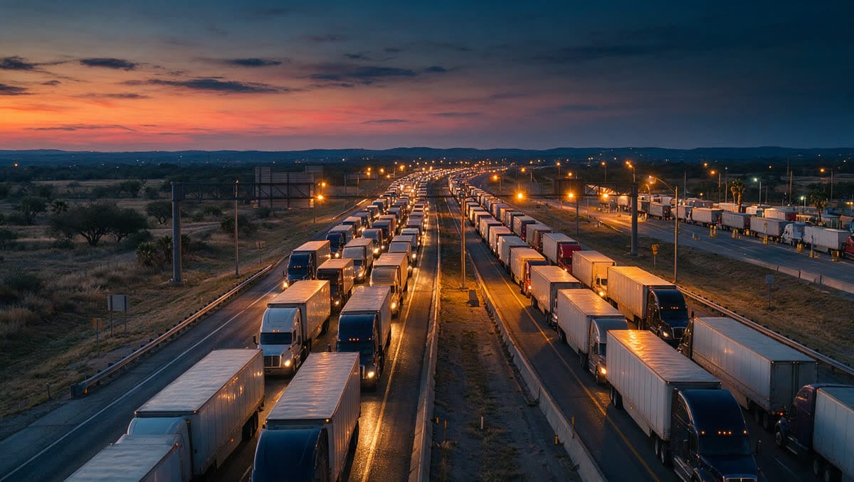 Line of 18-wheelers crossing into Laredo, Texas at the commercial bridge