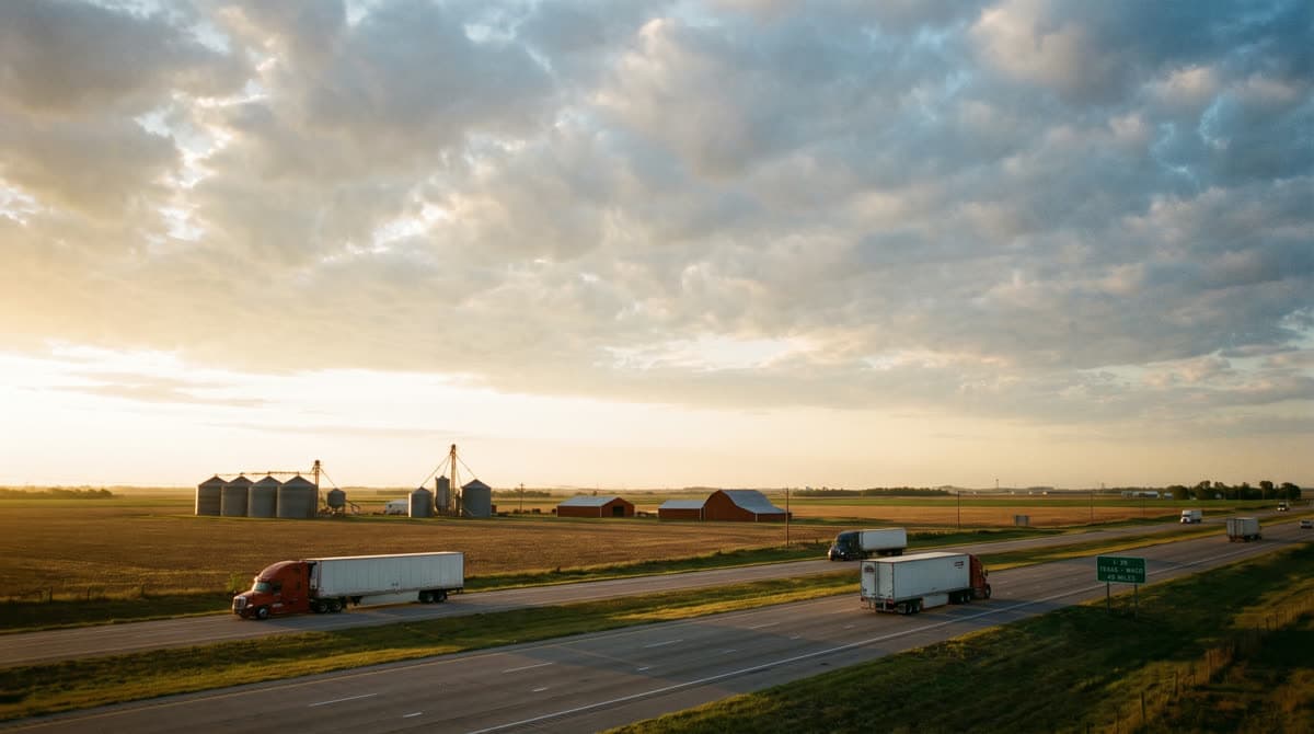 Interstate 35 running past Pearsall, Texas with freight traffic