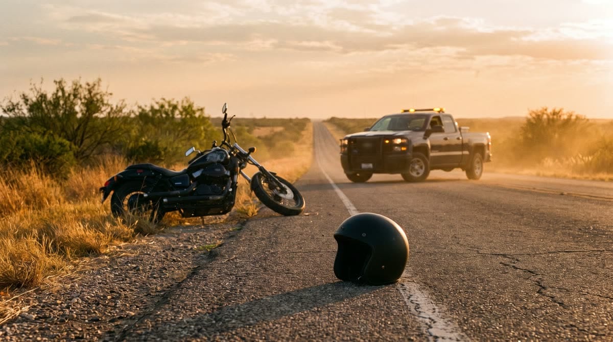 Motocicleta caída en una carretera del sur de Texas, con un casco en el asfalto / Motorcycle down on a South Texas highway with a helmet on the asphalt